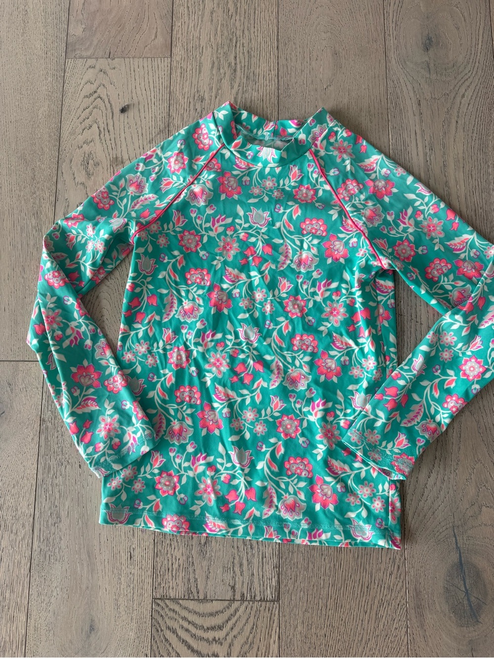 Boden Girls Floral Rash Guard - Teal & Pink